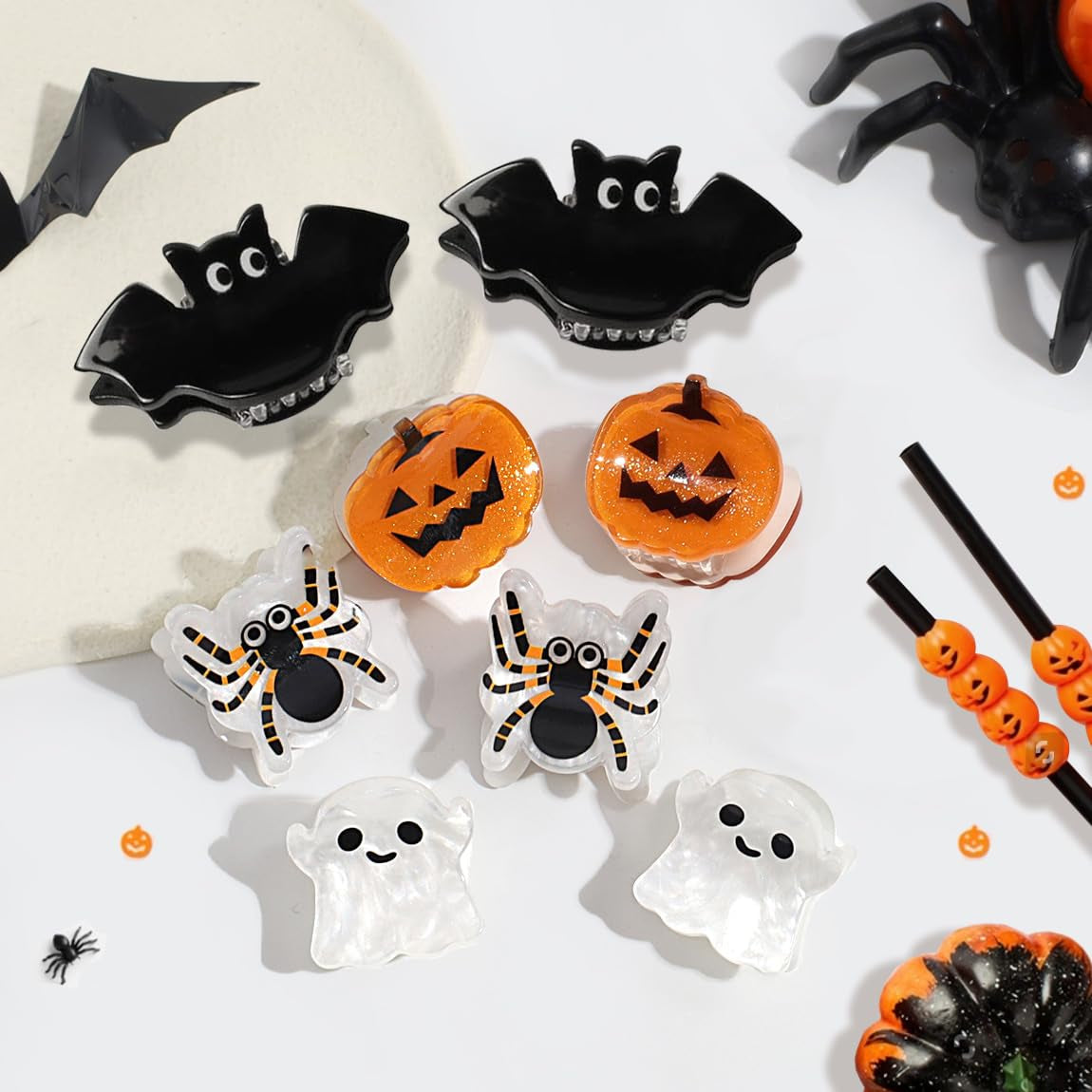 Halloween Hair Clips Sets, 8PC Small Halloween Hair Claw Clips and 2 Hair Ties, Pumpkin Ghost Bat Spider Shape Mini Hair Clips for Girls, Cute Hair Accessories