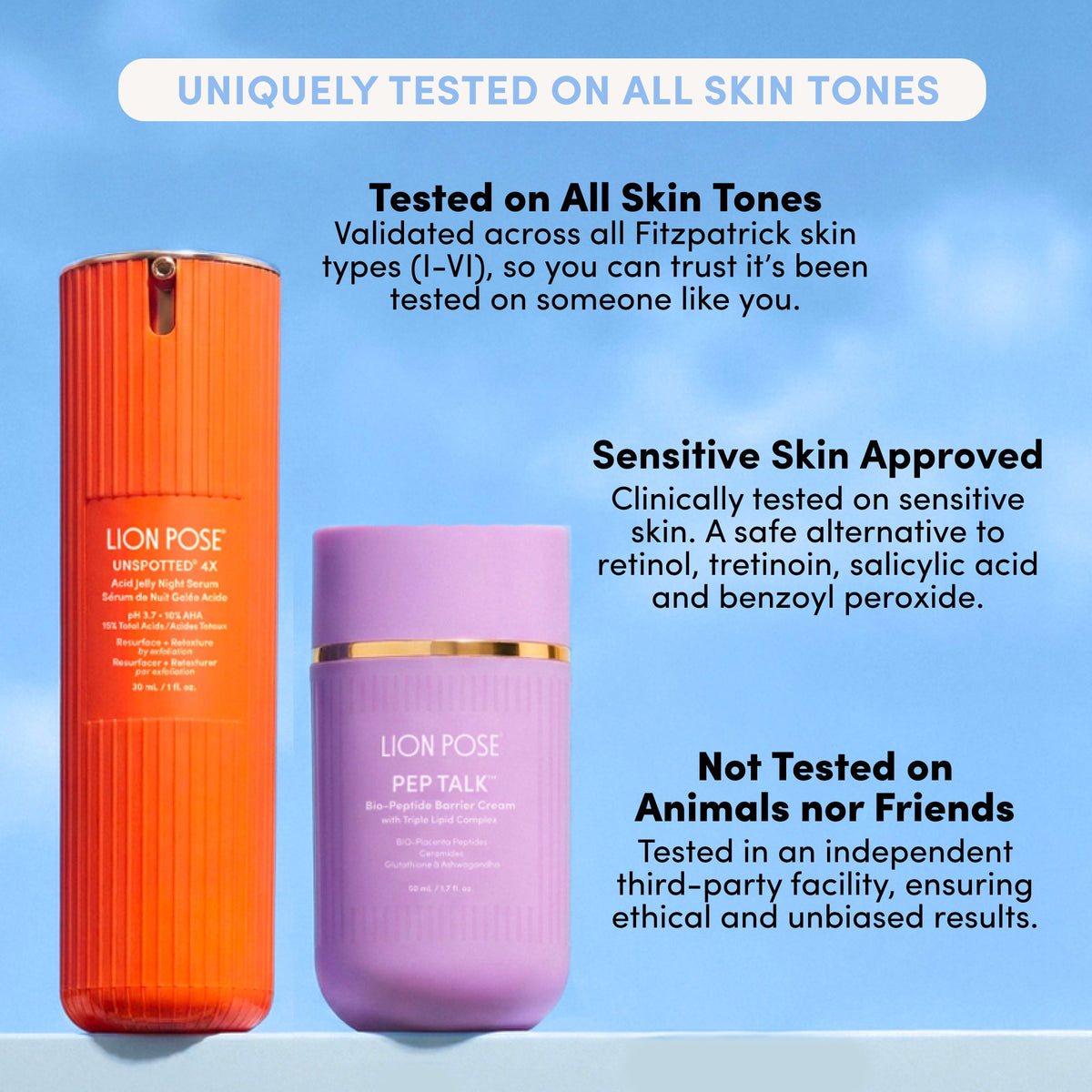 Lion Pose UNSPOTTED 4X Acid Jelly Night Serum in a glass bottle on a skincare counter