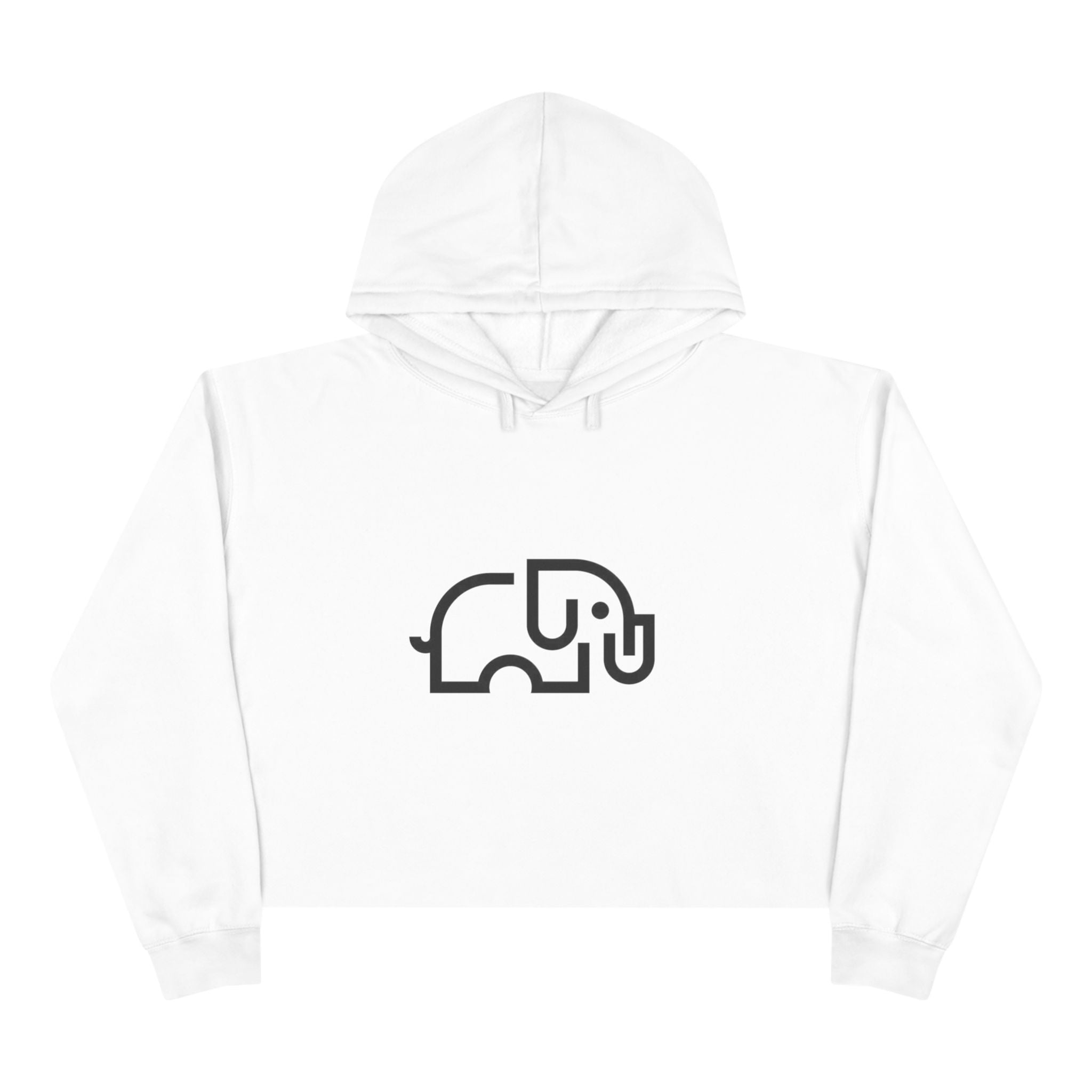 Women's pale pink cropped hoodie with minimalist single-line elephant graphic on chest, shown from front on female model