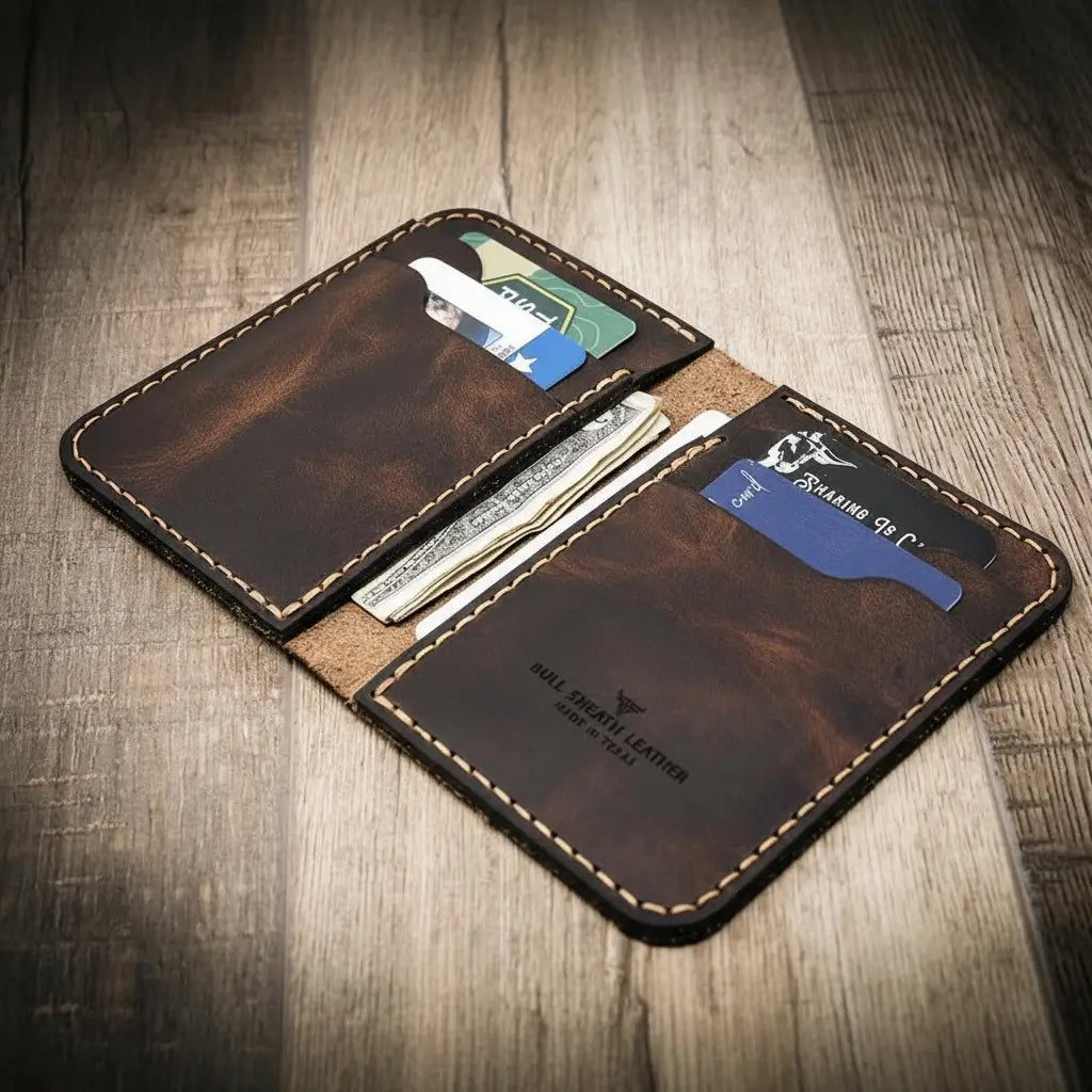 Tyler vertical wallet in full-grain tan vegetable-tanned leather, standing upright showing card slots and slim profile