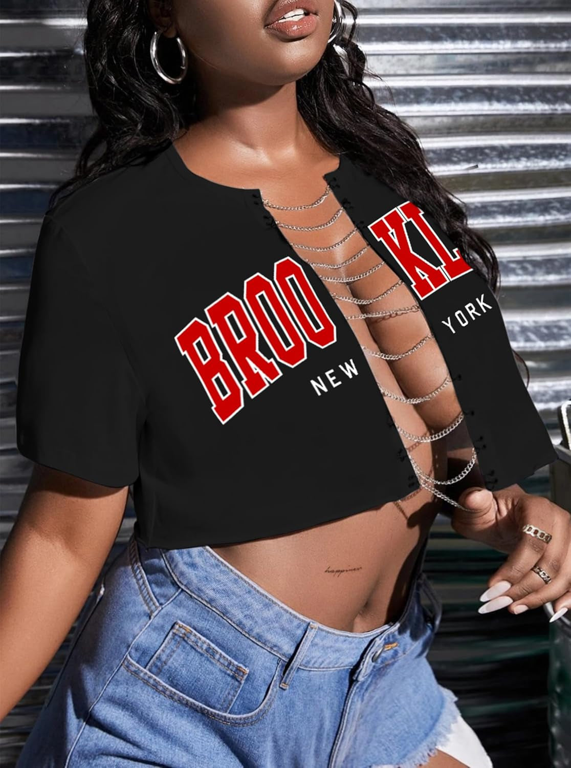 Women'S Sexy Graphic Crop Tops Summer Cut Out Chain Shirts Short Sleeve Cropped Tee