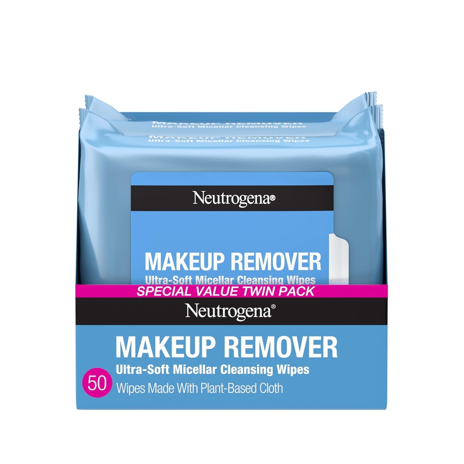 Neutrogena Micellar Makeup Remover Wipes - Alcohol-Free, Waterproof Mascara & Oil Removal, Compostable Plant-Based Cloth, Dermatologist & Ophthalmologist Tested, Twin Pack (2 x 25 Count)
