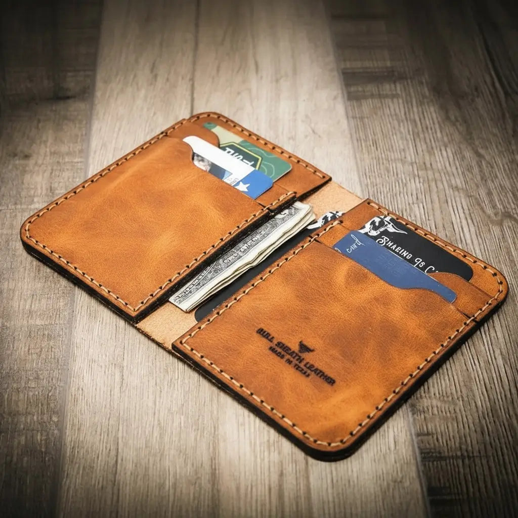 Tyler vertical wallet in full-grain tan vegetable-tanned leather, standing upright showing card slots and slim profile
