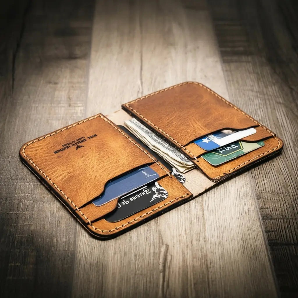 Tyler vertical wallet in full-grain tan vegetable-tanned leather, standing upright showing card slots and slim profile
