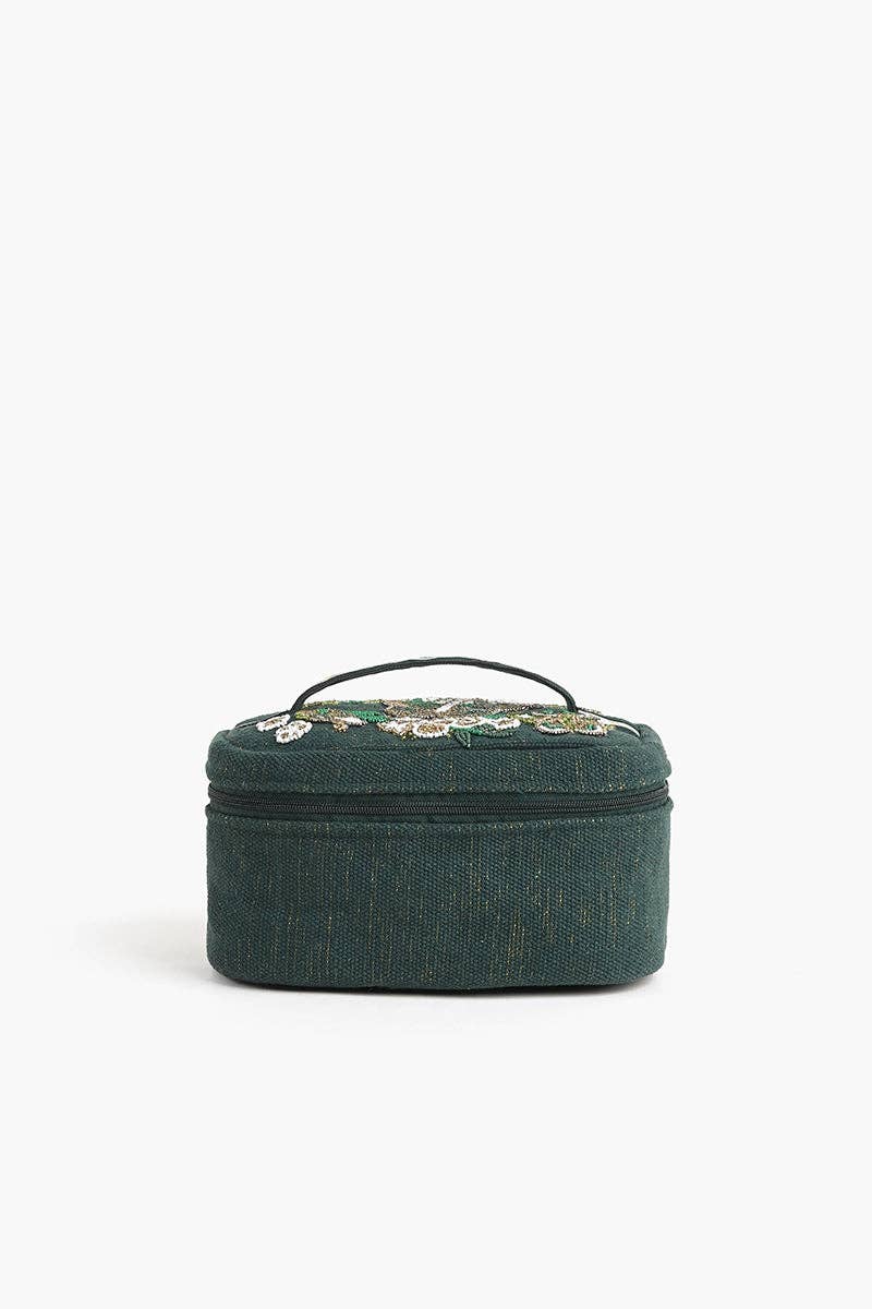 Fitkitty Culture hand-embellished butterfly travel makeup bag with metallic Lurex threading and top handle, shown open to display lined interior