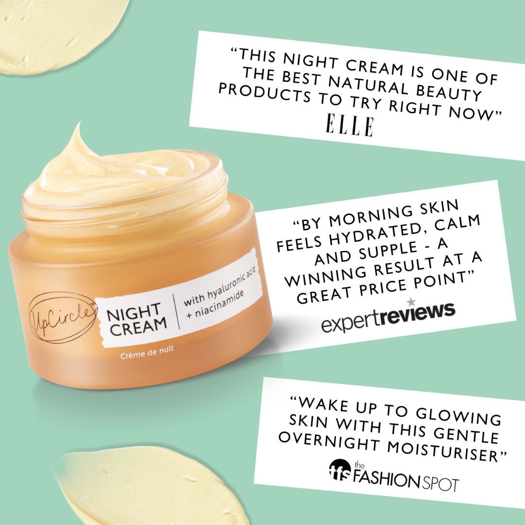 UpCircle Night Cream in glass jar with aluminum lid, showing hyaluronic acid and niacinamide overnight moisturizer