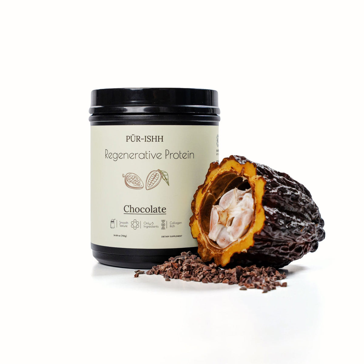 Purishh grass-fed whey and collagen protein powder in chocolate flavor with clean label packaging