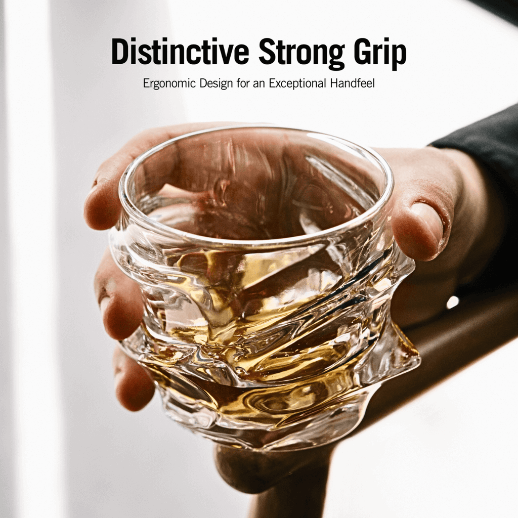 Handcrafted Storm Crystal Whisky Glass with textured exterior and smooth interior, filled with amber whisky