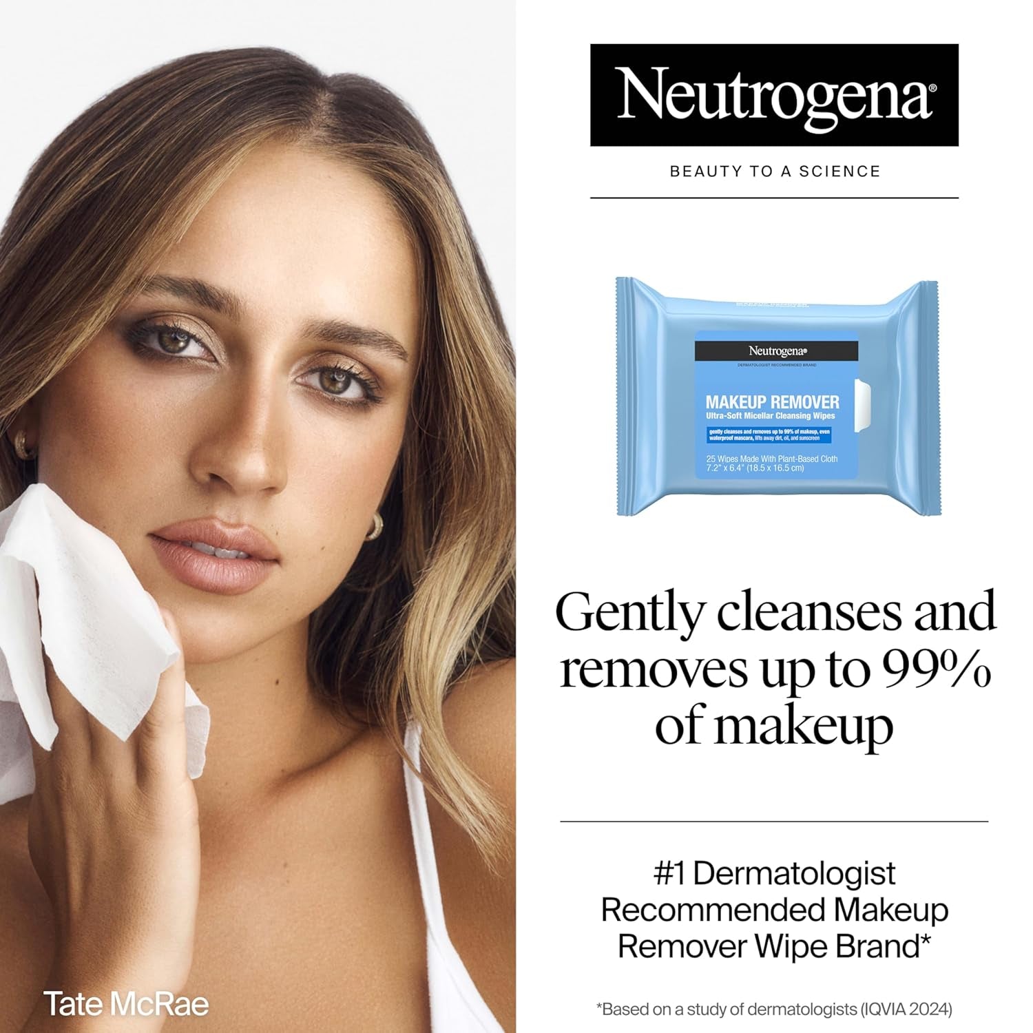 Neutrogena Micellar Makeup Remover Wipes - Alcohol-Free, Waterproof Mascara & Oil Removal, Compostable Plant-Based Cloth, Dermatologist & Ophthalmologist Tested, Twin Pack (2 x 25 Count)
