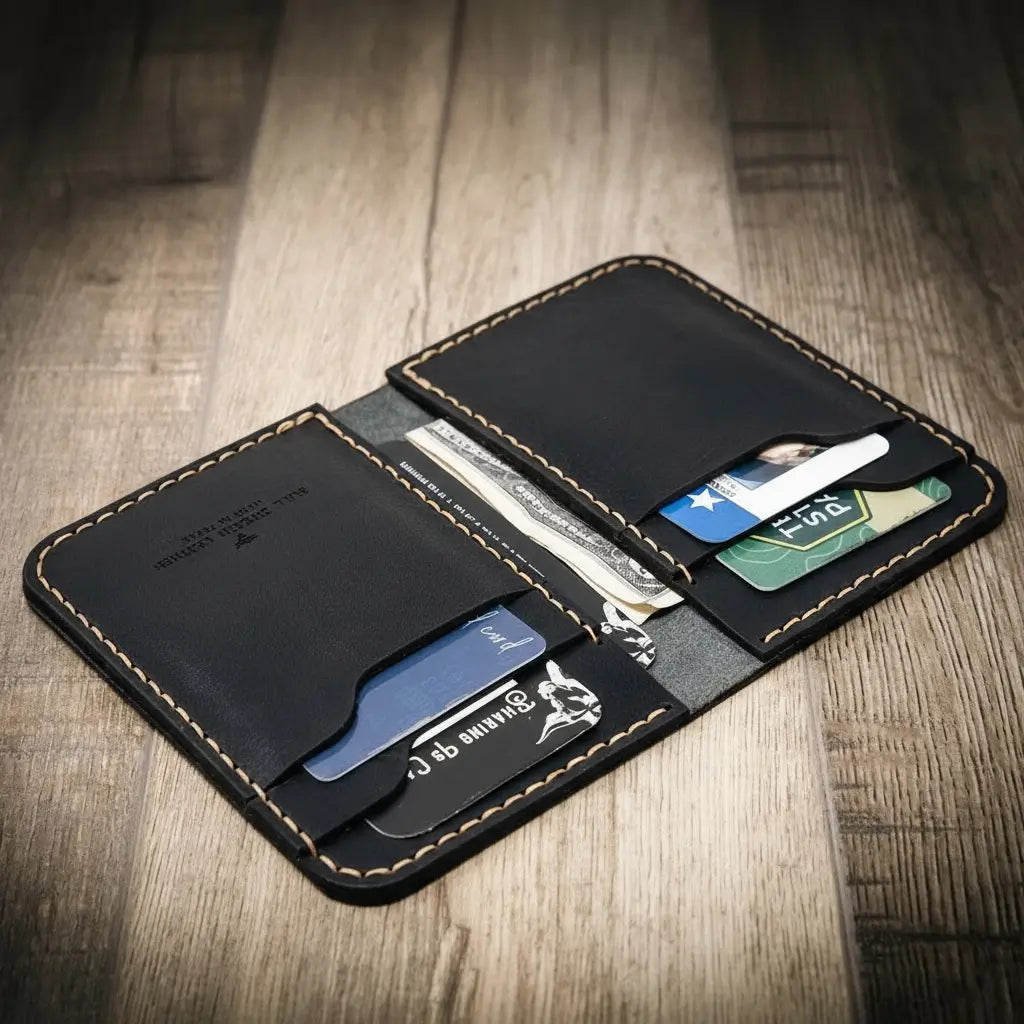 Tyler vertical wallet in full-grain tan vegetable-tanned leather, standing upright showing card slots and slim profile
