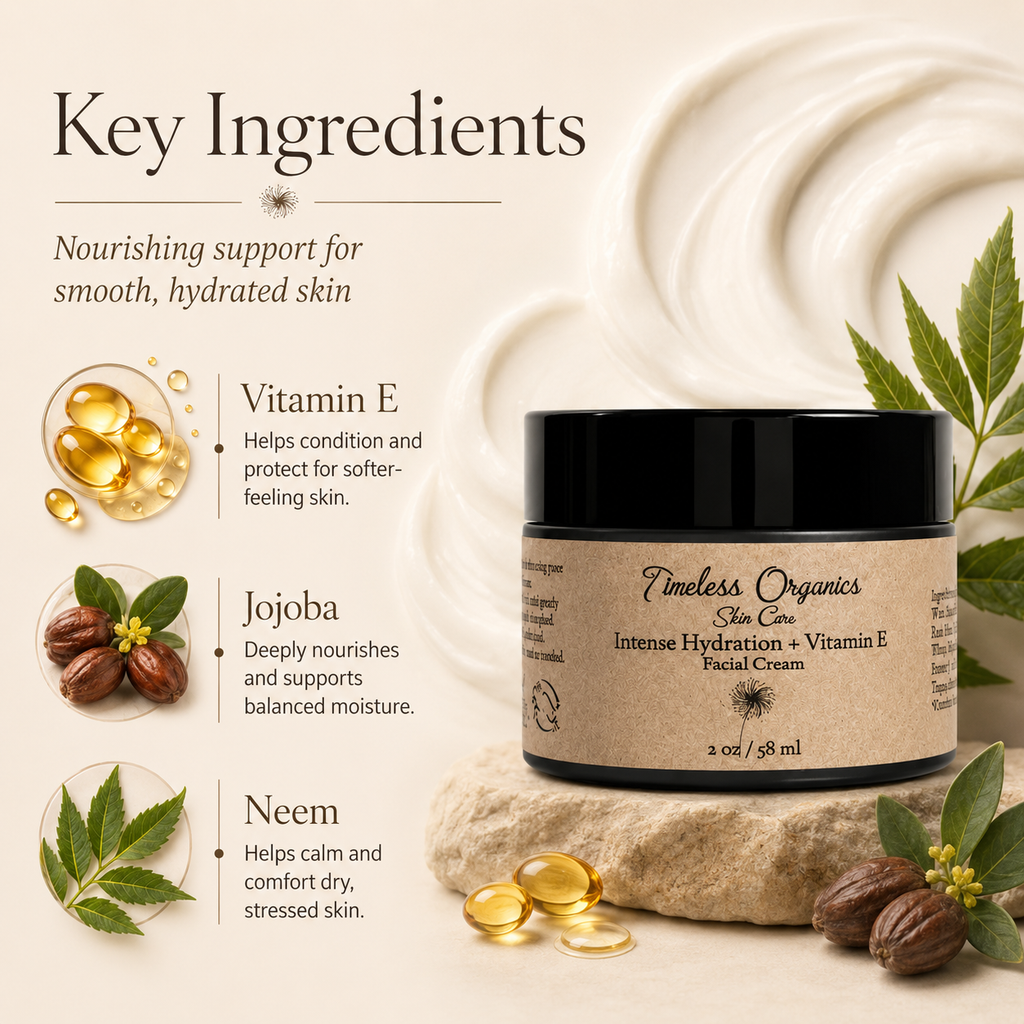 Timeless Organics Skin Care Vitamin E Intense Hydration Facial Cream 50mL jar on a clean surface