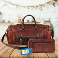 Vintage brown full-grain goat leather weekender duffle bag with brass hardware and matching toiletry bag on neutral background