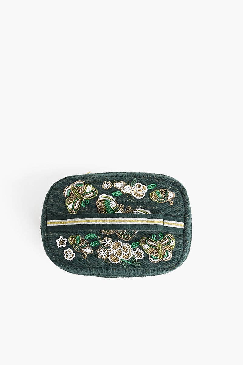 Fitkitty Culture hand-embellished butterfly travel makeup bag with metallic Lurex threading and top handle, shown open to display lined interior