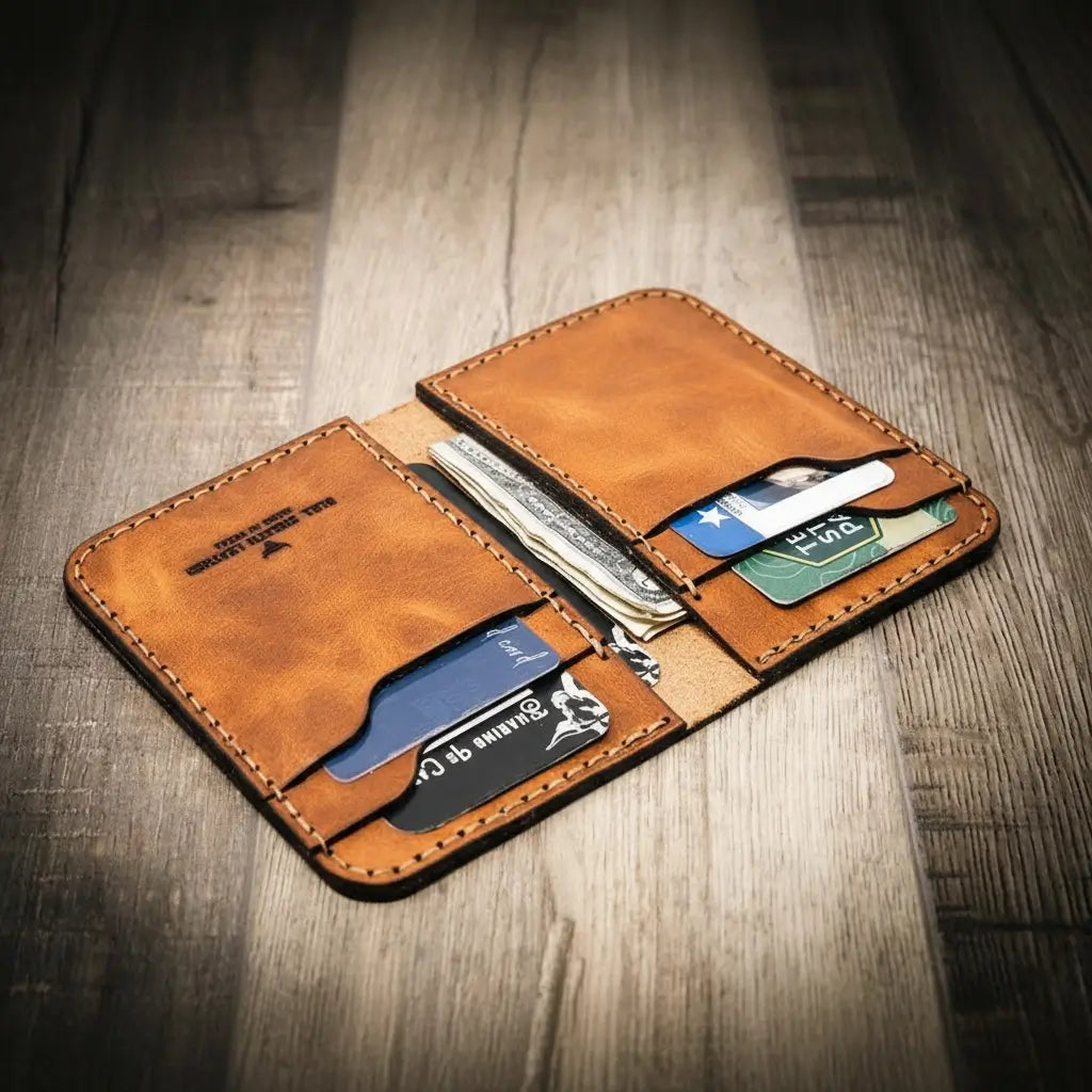 Tyler vertical wallet in full-grain tan vegetable-tanned leather, standing upright showing card slots and slim profile