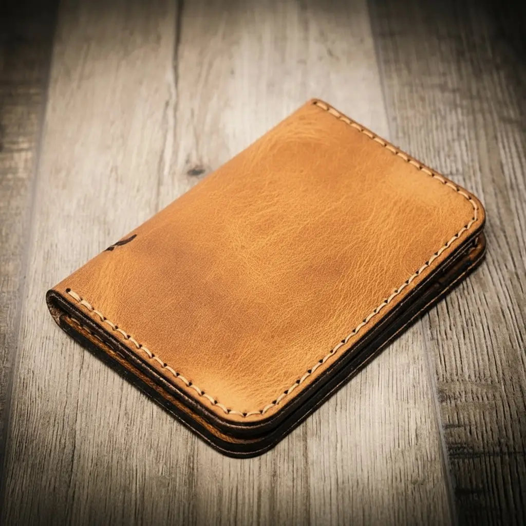 Tyler vertical wallet in full-grain tan vegetable-tanned leather, standing upright showing card slots and slim profile