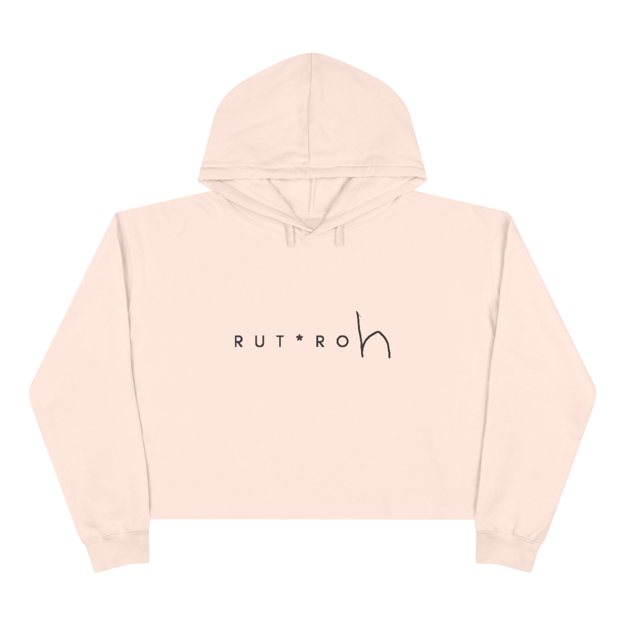White cropped hoodie with minimal hand-drawn RUT*ROh chest graphic, dropped shoulders and raw hem, casual streetwear style