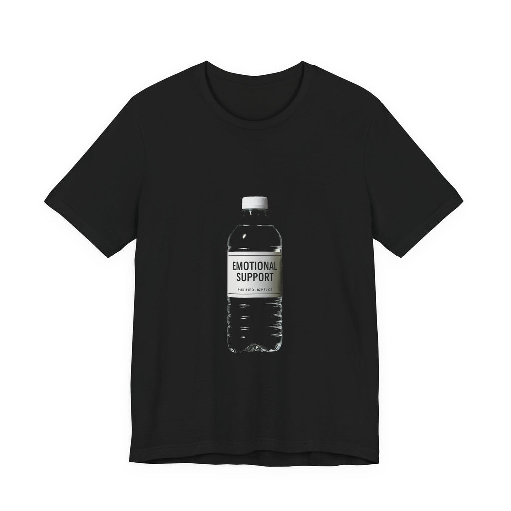 Unisex black Bella+Canvas graphic tee with Emotional Support Water Bottle print, shown flat lay, sizes S to 3XL