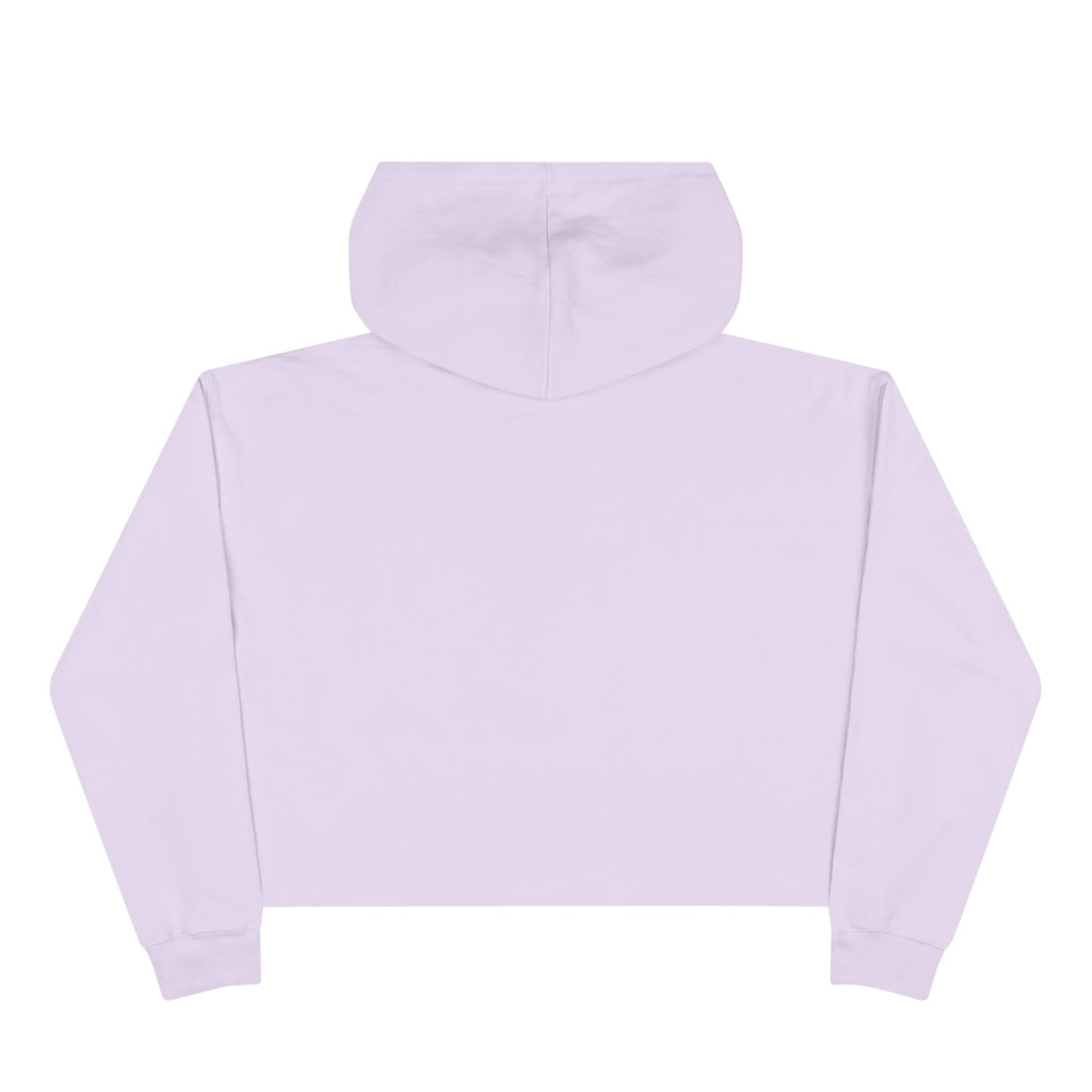 White cropped hoodie with minimal hand-drawn RUT*ROh chest graphic, dropped shoulders and raw hem, casual streetwear style