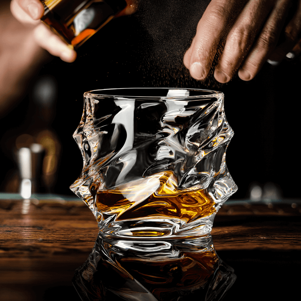 Handcrafted Storm Crystal Whisky Glass with textured exterior and smooth interior, filled with amber whisky