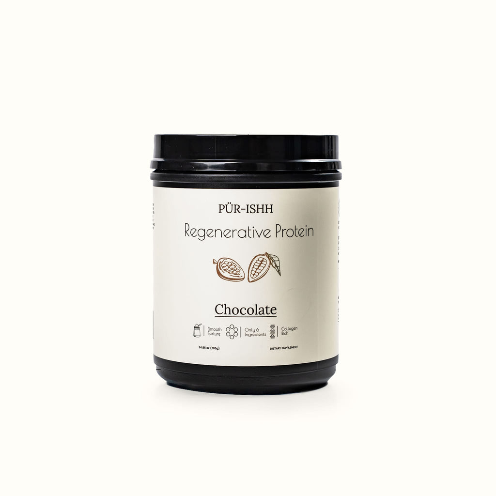 Purishh grass-fed whey and collagen protein powder in chocolate flavor with clean label packaging