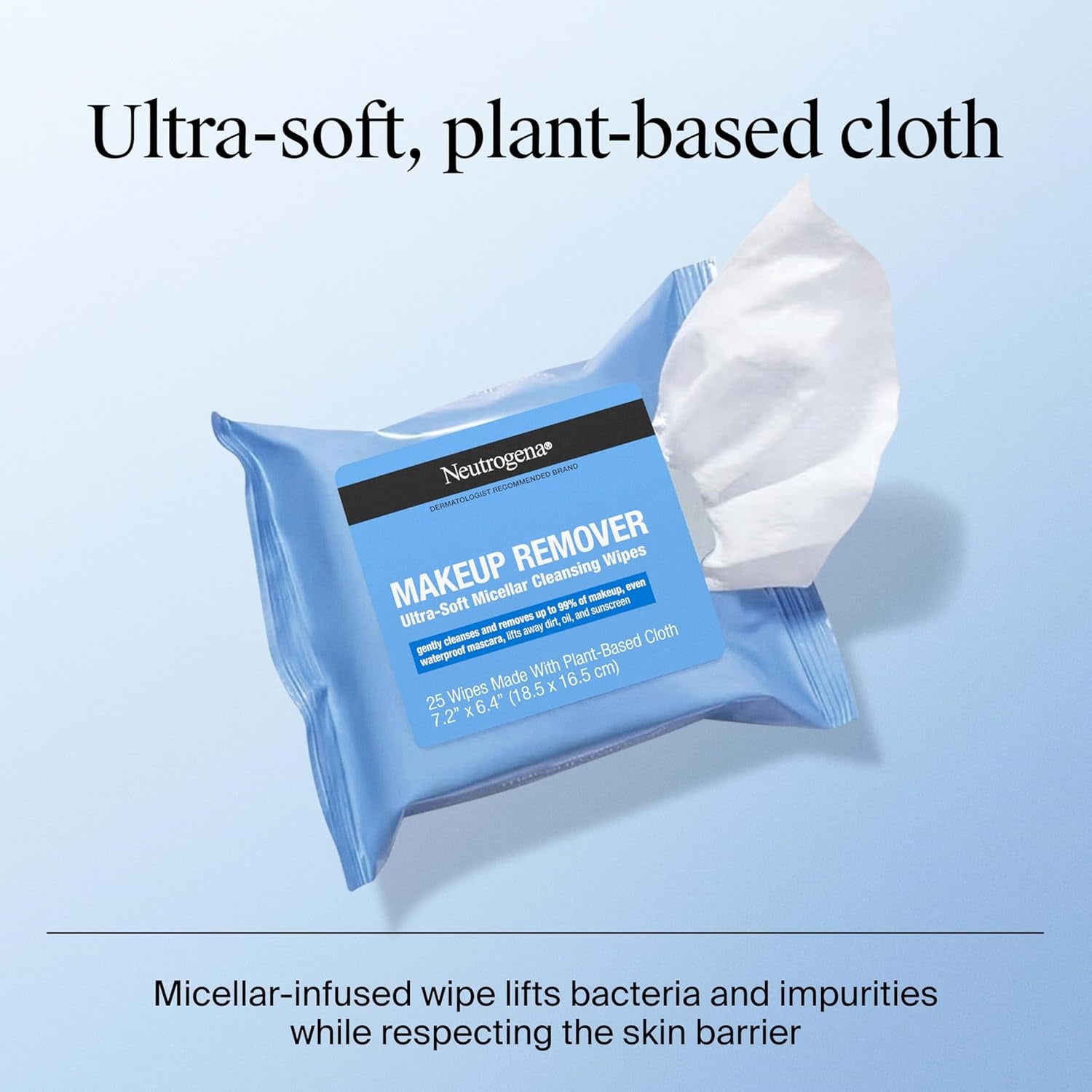 Neutrogena Micellar Makeup Remover Wipes - Alcohol-Free, Waterproof Mascara & Oil Removal, Compostable Plant-Based Cloth, Dermatologist & Ophthalmologist Tested, Twin Pack (2 x 25 Count)