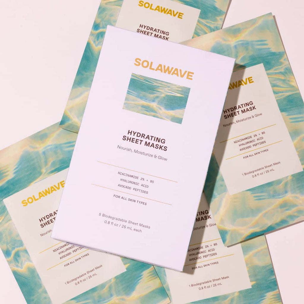 Solawave hydrating water-gel sheet mask with niacinamide and hyaluronic acid, individually wrapped biodegradable packaging