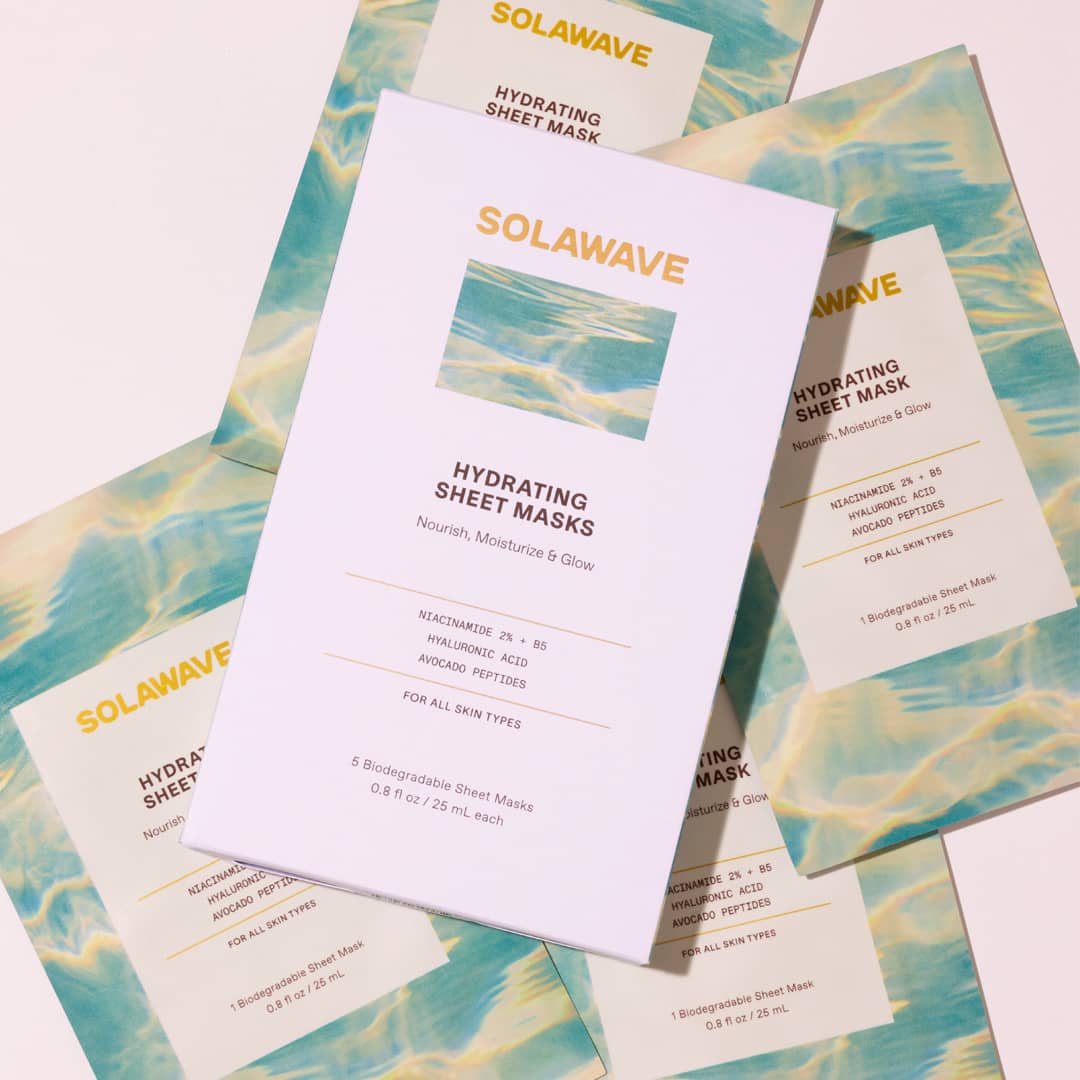 Solawave hydrating water-gel sheet mask with niacinamide and hyaluronic acid, individually wrapped biodegradable packaging