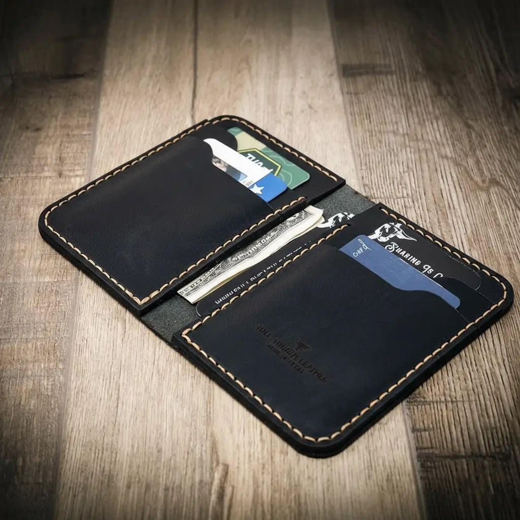 Tyler vertical wallet in full-grain tan vegetable-tanned leather, standing upright showing card slots and slim profile
