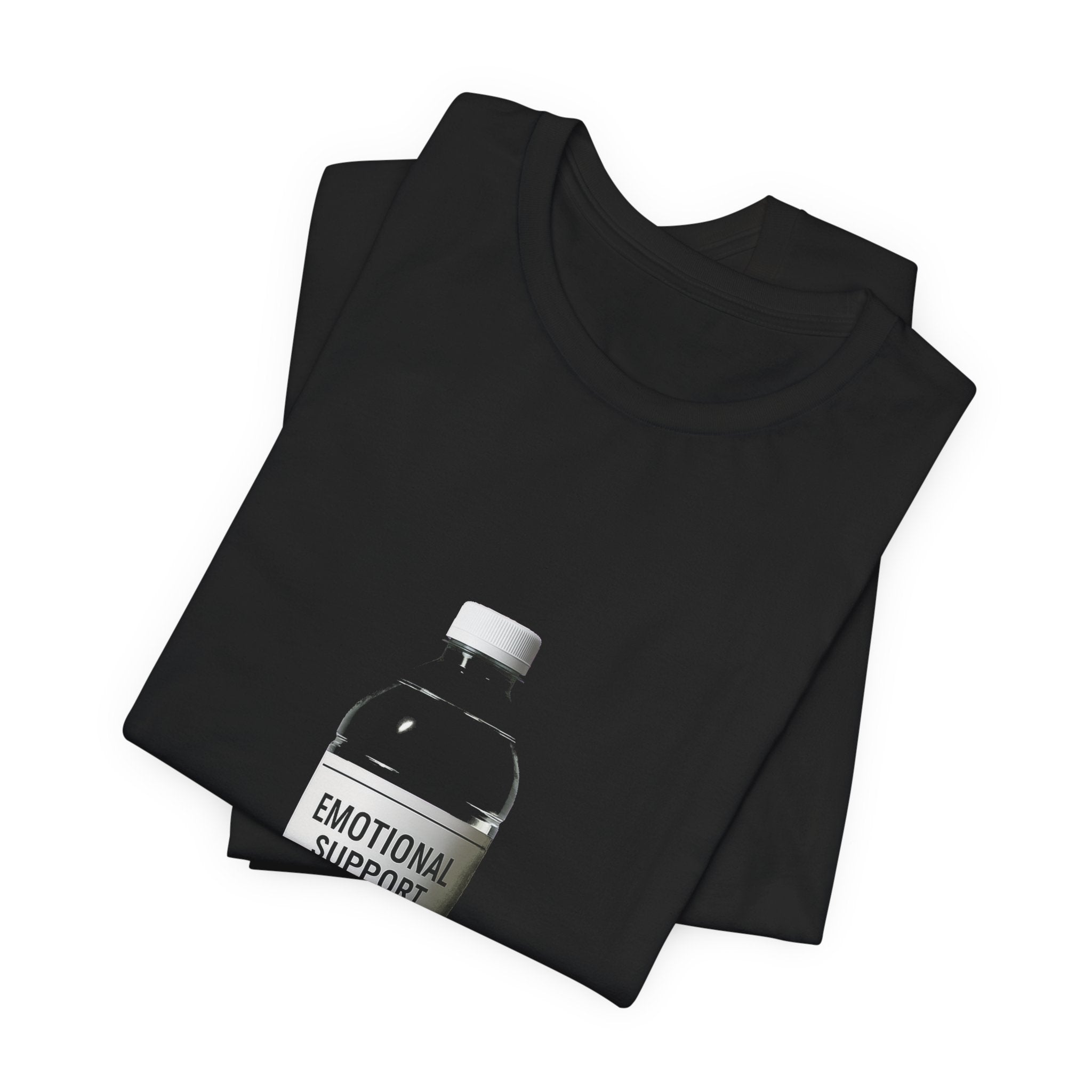 Unisex black Bella+Canvas graphic tee with Emotional Support Water Bottle print, shown flat lay, sizes S to 3XL