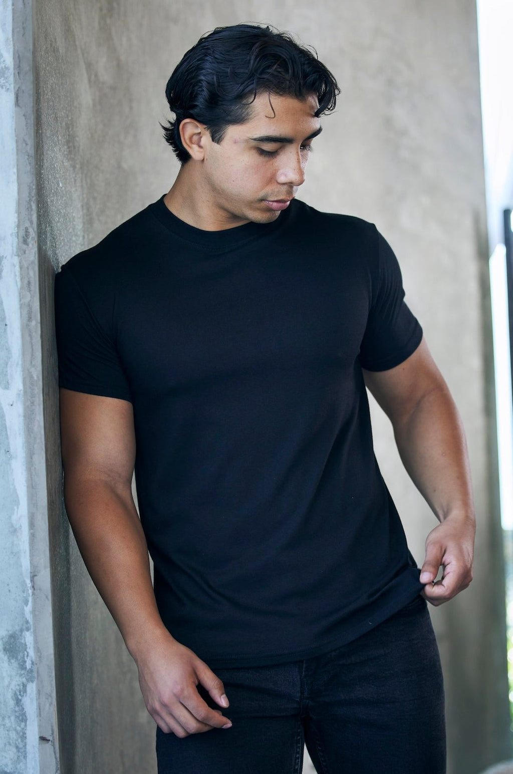 Men's bamboo viscose organic cotton crew neck t-shirt in charcoal grey, classic straight cut, laid flat on neutral background