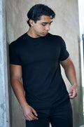 Men's bamboo viscose organic cotton crew neck t-shirt in charcoal grey, classic straight cut, laid flat on neutral background