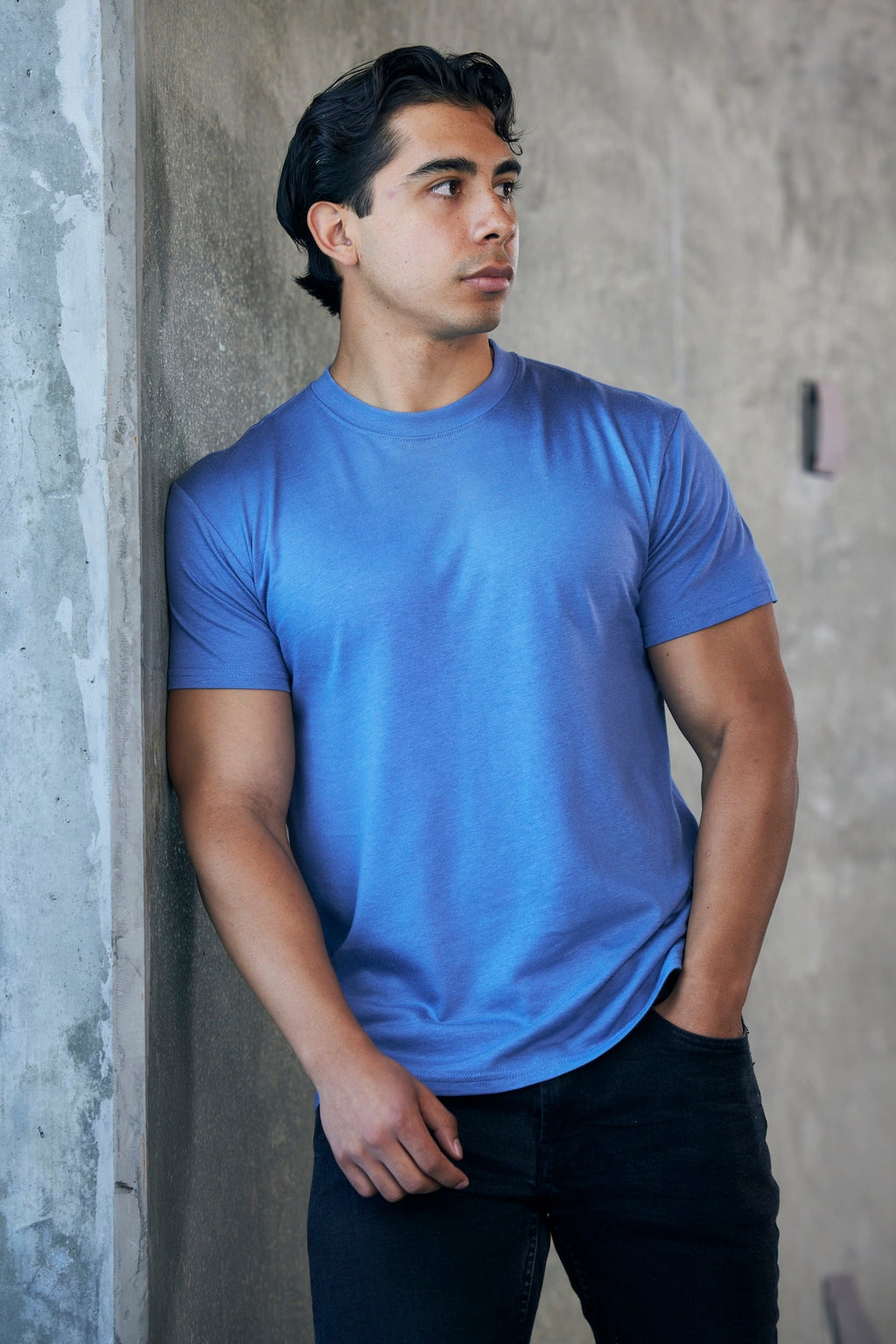 Men's bamboo viscose organic cotton crew neck t-shirt in charcoal grey, classic straight cut, laid flat on neutral background