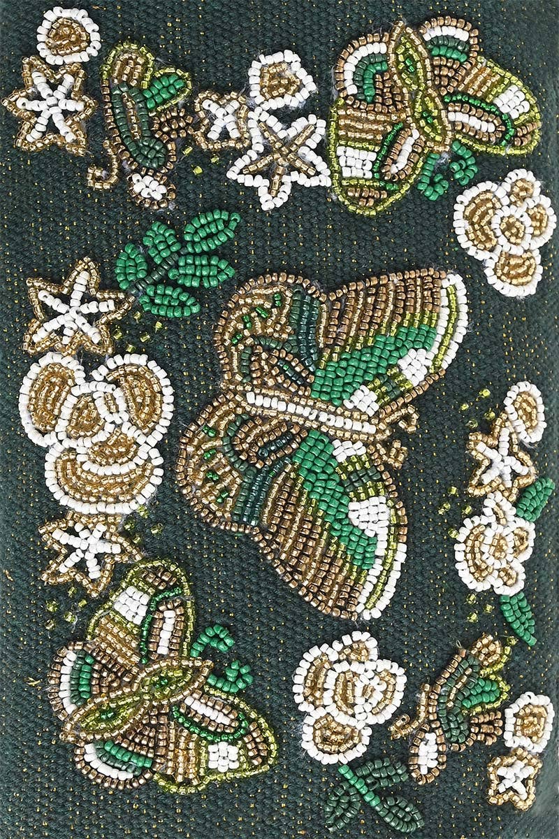 Hunter green hand-beaded pouch with gold and green butterflies and flowers