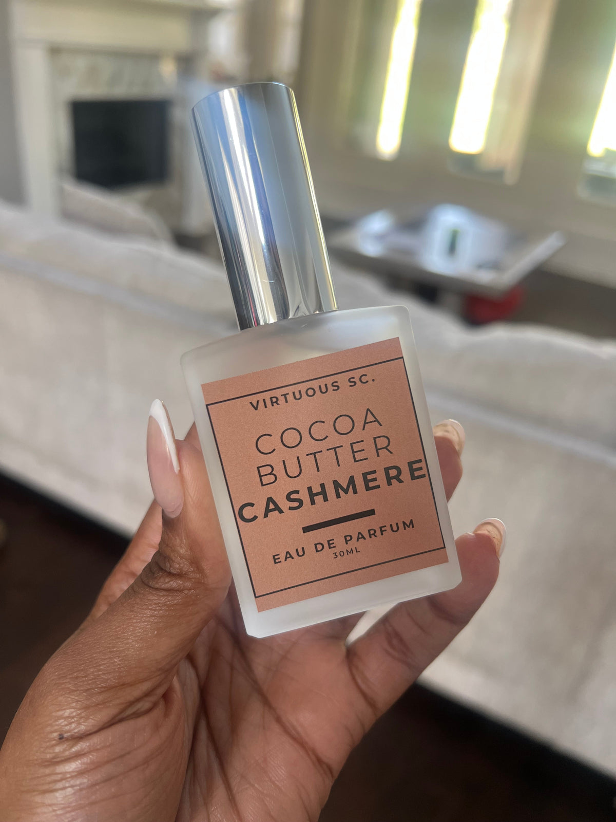 Virtuous Soap Company Cocoa Butter Cashmere 1.7 oz perfume bottle with warm vanilla and cocoa butter scent notes
