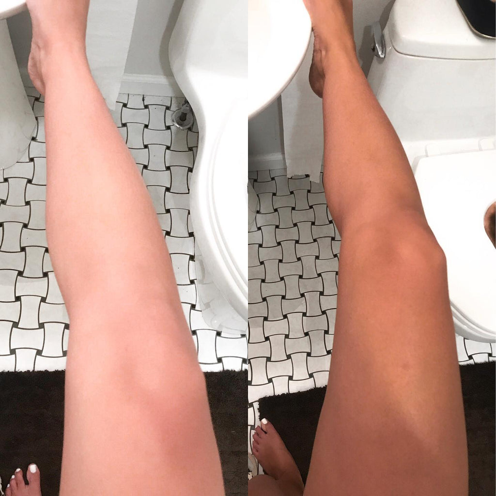 Dark neutral bronze self-tanning mousse in whipped foam texture, shown with applicator on light background
