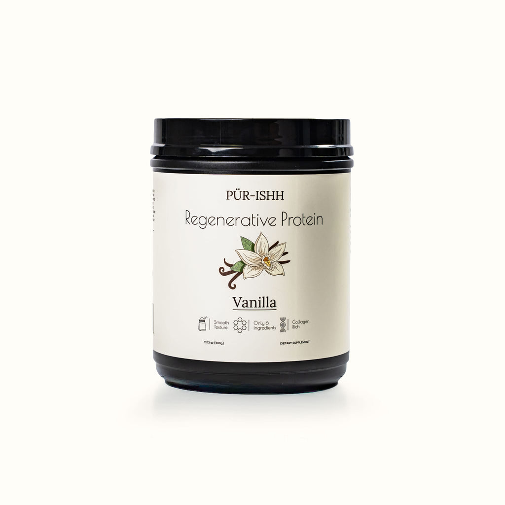 Purishh grass-fed whey and collagen protein powder in chocolate flavor with clean label packaging