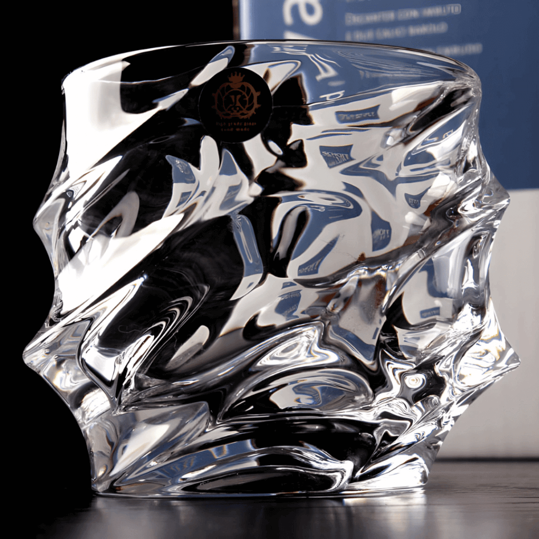Handcrafted Storm Crystal Whisky Glass with textured exterior and smooth interior, filled with amber whisky