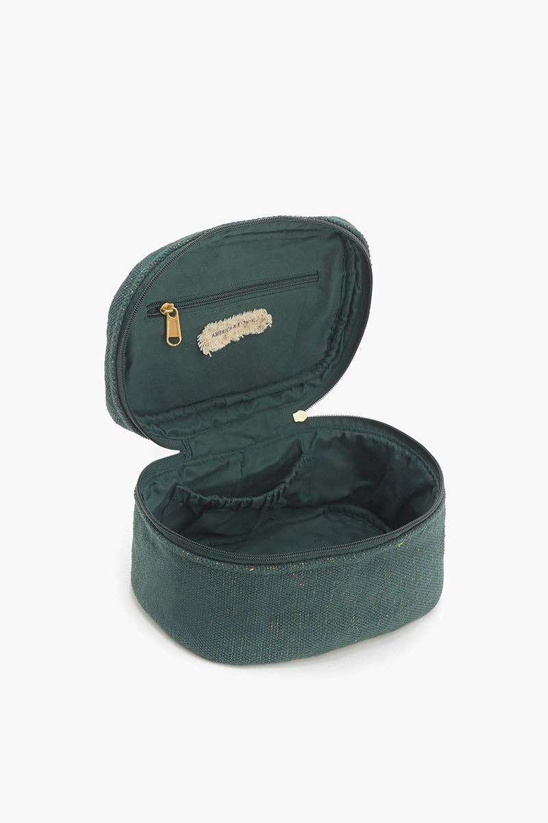 Fitkitty Culture hand-embellished butterfly travel makeup bag with metallic Lurex threading and top handle, shown open to display lined interior