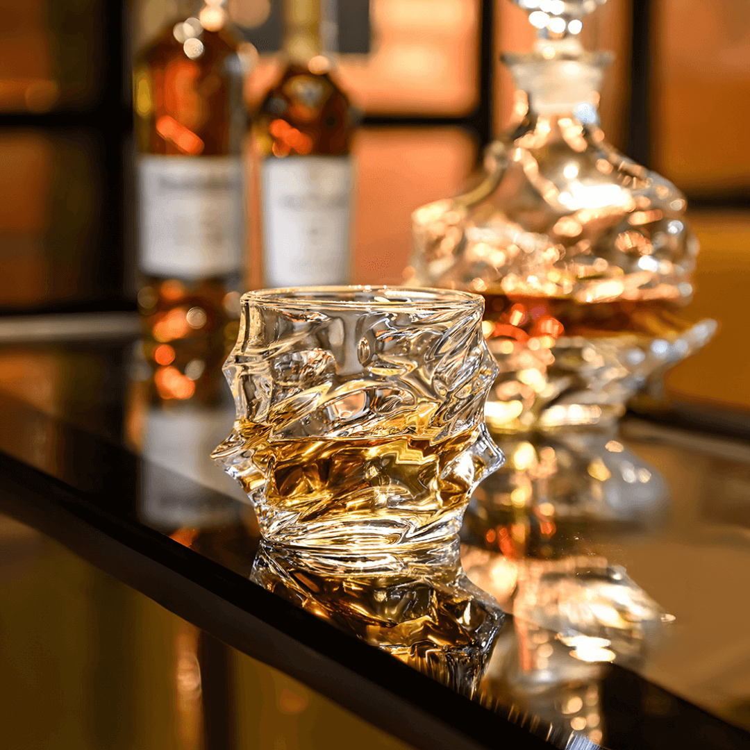 Handcrafted Storm Crystal Whisky Glass with textured exterior and smooth interior, filled with amber whisky