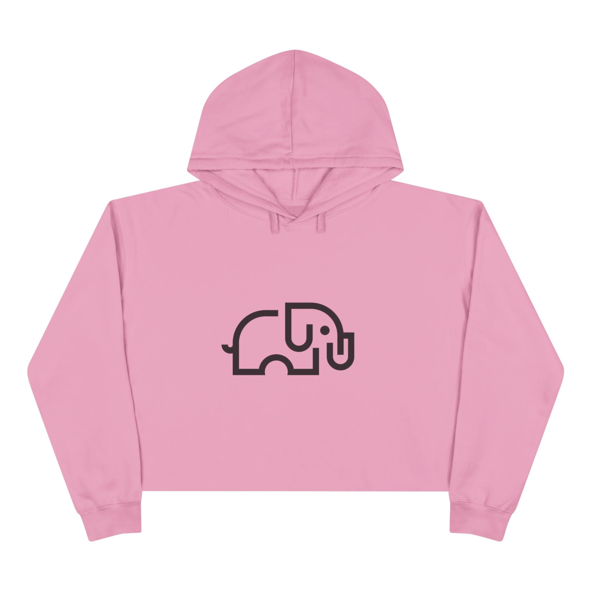 Women's pale pink cropped hoodie with minimalist single-line elephant graphic on chest, shown from front on female model