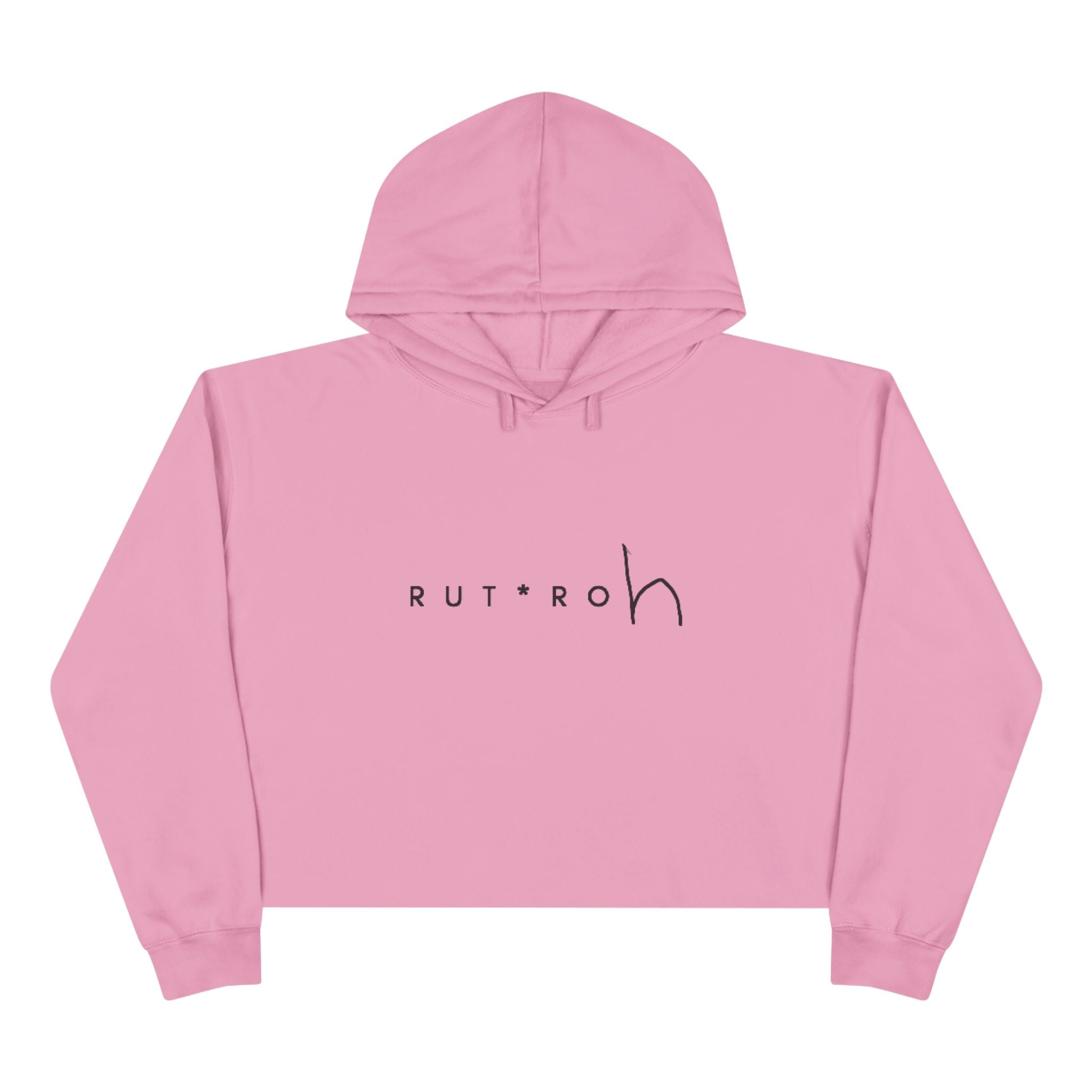White cropped hoodie with minimal hand-drawn RUT*ROh chest graphic, dropped shoulders and raw hem, casual streetwear style
