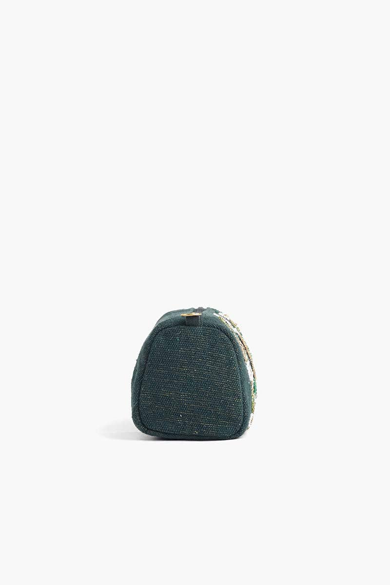 Hunter green hand-beaded pouch with gold and green butterflies and flowers