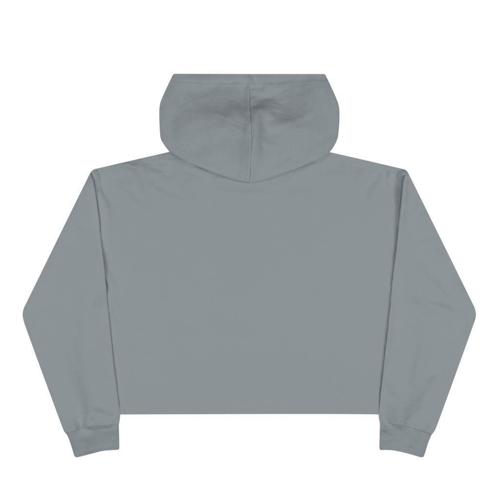 White cropped hoodie with minimal hand-drawn RUT*ROh chest graphic, dropped shoulders and raw hem, casual streetwear style