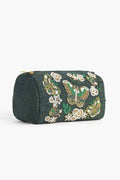 Hunter green hand-beaded pouch with gold and green butterflies and flowers