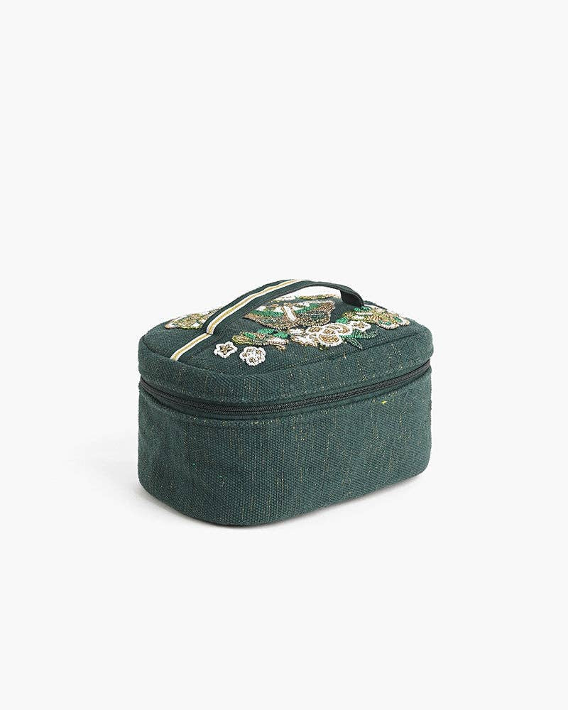 Fitkitty Culture hand-embellished butterfly travel makeup bag with metallic Lurex threading and top handle, shown open to display lined interior