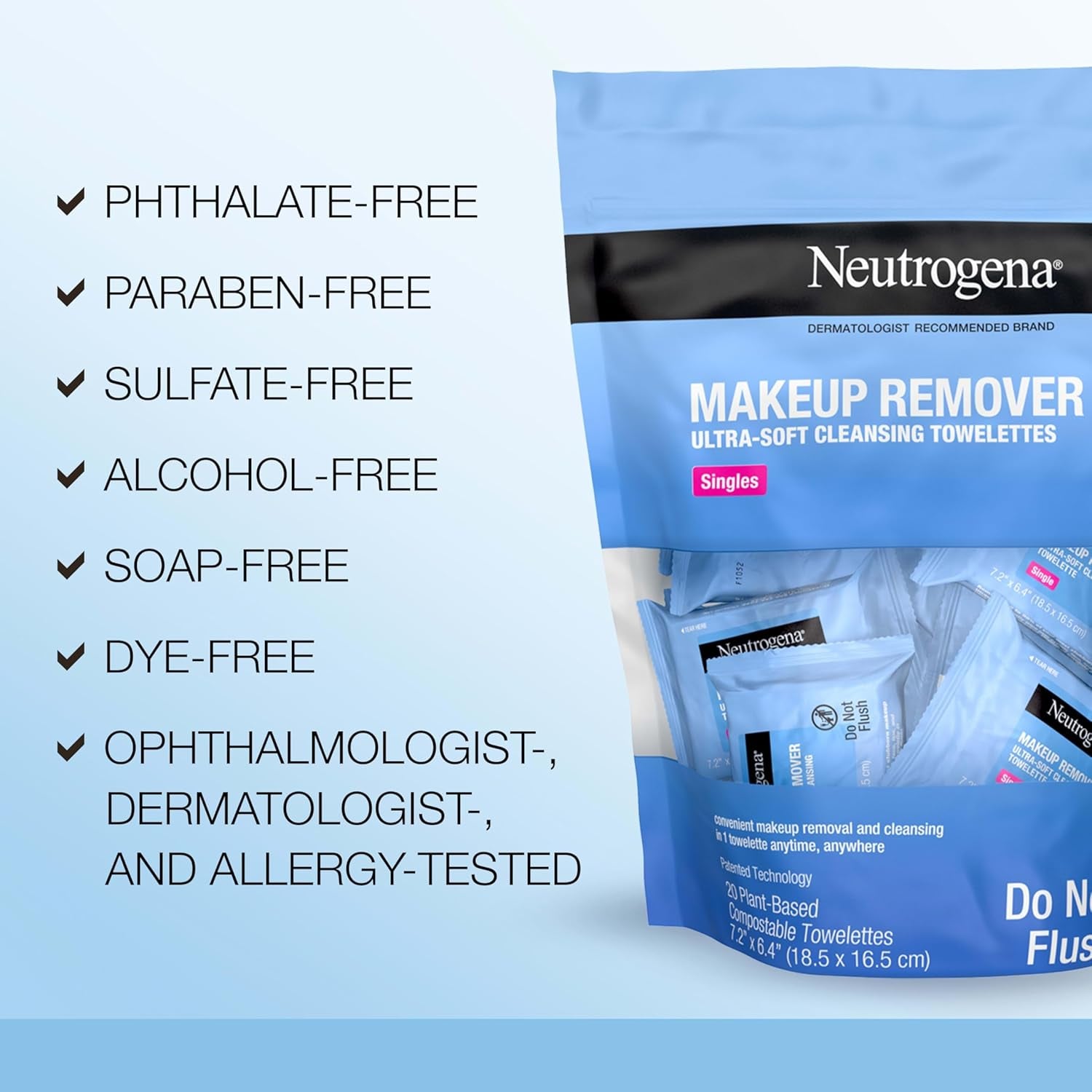 Neutrogena Makeup Remover Wipes, Daily Single Face Cleansing Towelettes, Makeup Removing Cleansing Wipes Removes Dirt & Oil, Alcohol-Free Face Towelettes, 20 Ct