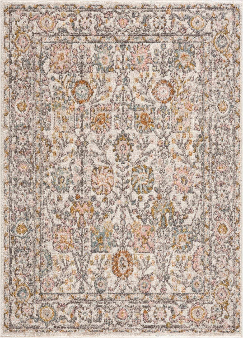 Herstmonceux traditional area rug with vintage pattern in charcoal, mustard, dusty pink, and off-white tones on a medium pile