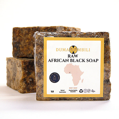 Handcrafted Ghanaian African black soap bar with natural matte texture, shown on a clean surface