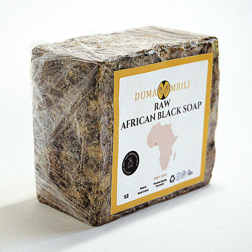 Handcrafted Ghanaian African black soap bar with natural matte texture, shown on a clean surface
