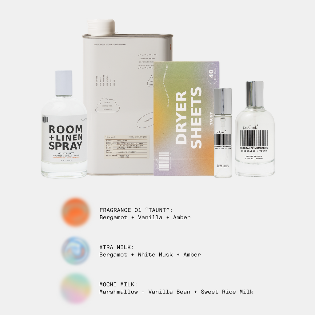 DedCool (Almost) Everything Set bundle with fragrance bottle, travel spray, detergent, room spray, and dryer sheets arranged together